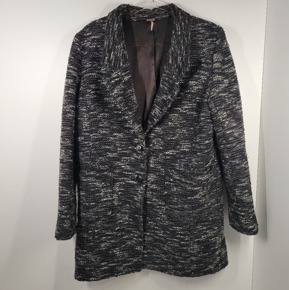 Free People Black And White Boucle Tweed Wool Blend Button Coat Jacket Womens M